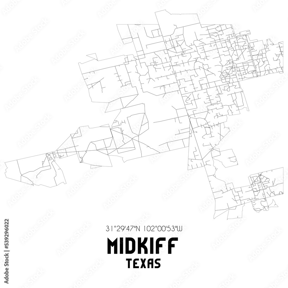 Midkiff Texas. US street map with black and white lines.