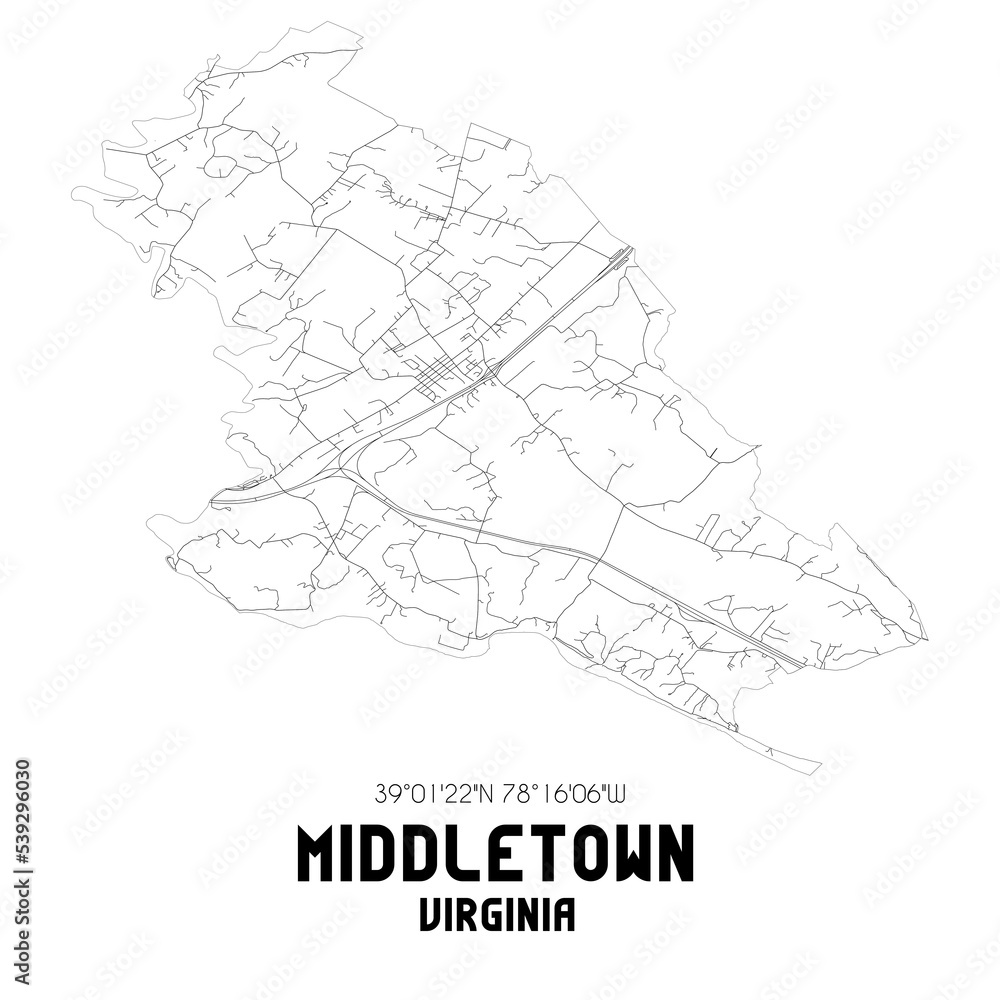 Middletown Virginia. US street map with black and white lines.