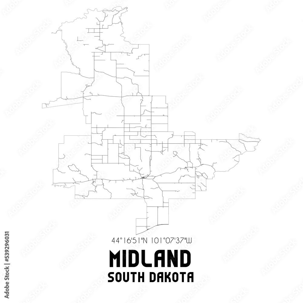 Midland South Dakota. US street map with black and white lines.