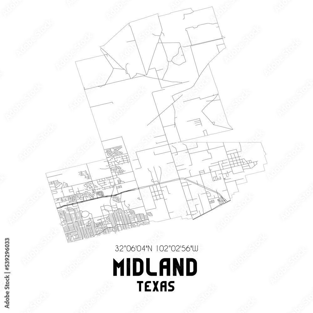 Midland Texas. US street map with black and white lines.