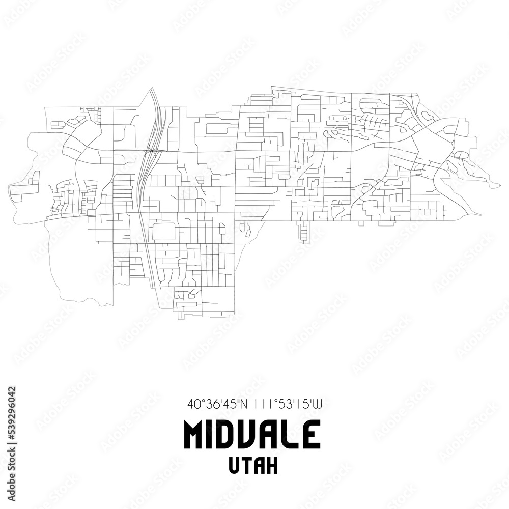 Midvale Utah. US street map with black and white lines.
