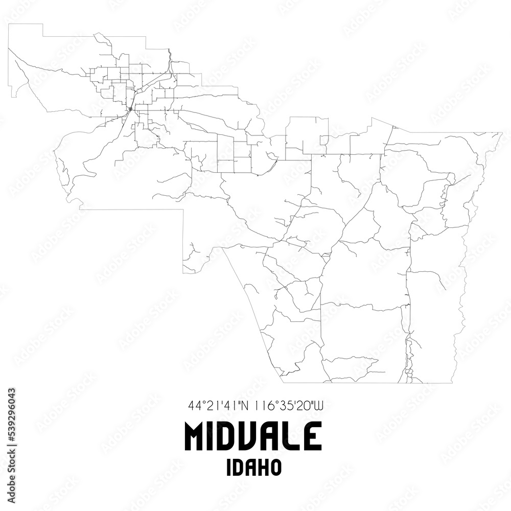 Midvale Idaho. US street map with black and white lines.