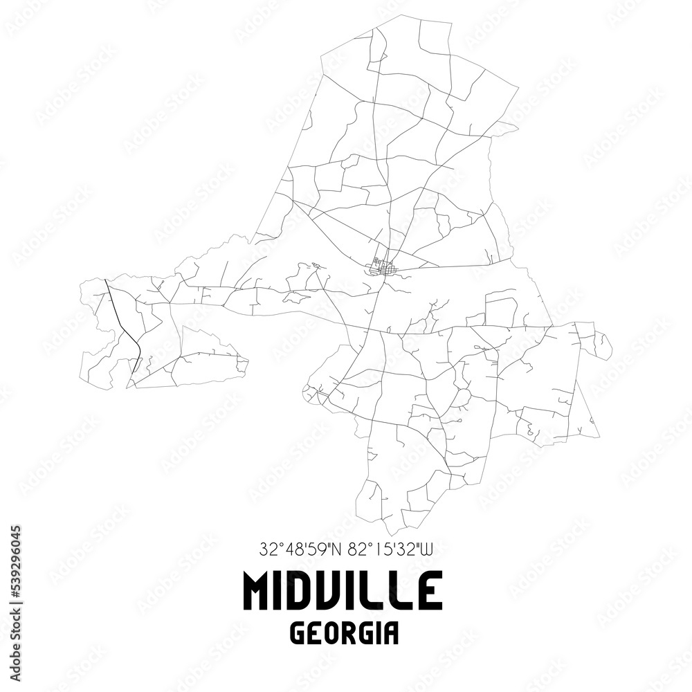 Midville Georgia. US street map with black and white lines.