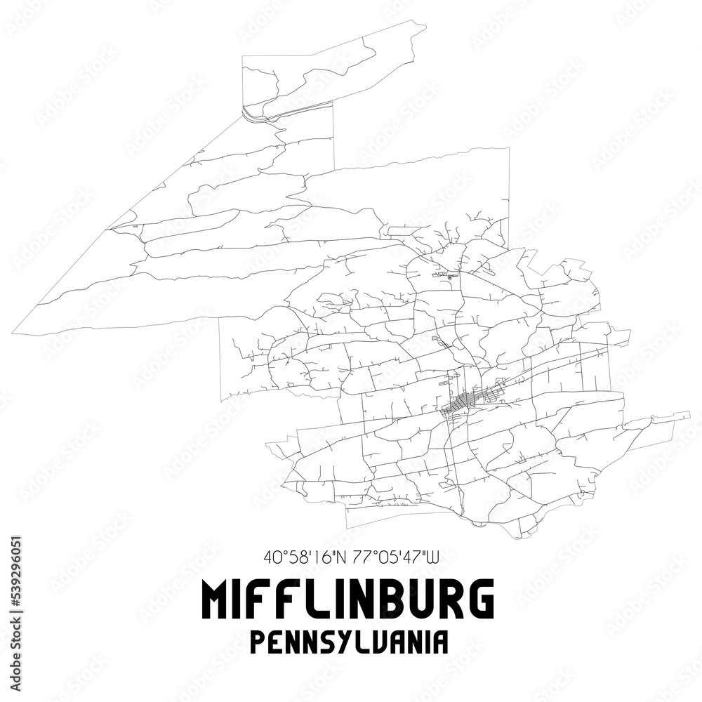 Mifflinburg Pennsylvania. US street map with black and white lines.