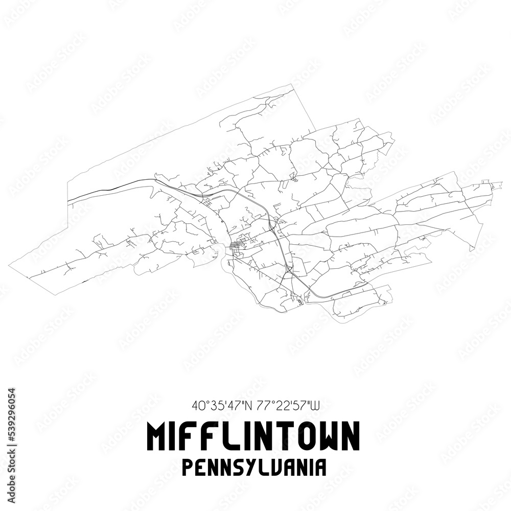 Mifflintown Pennsylvania. US street map with black and white lines.
