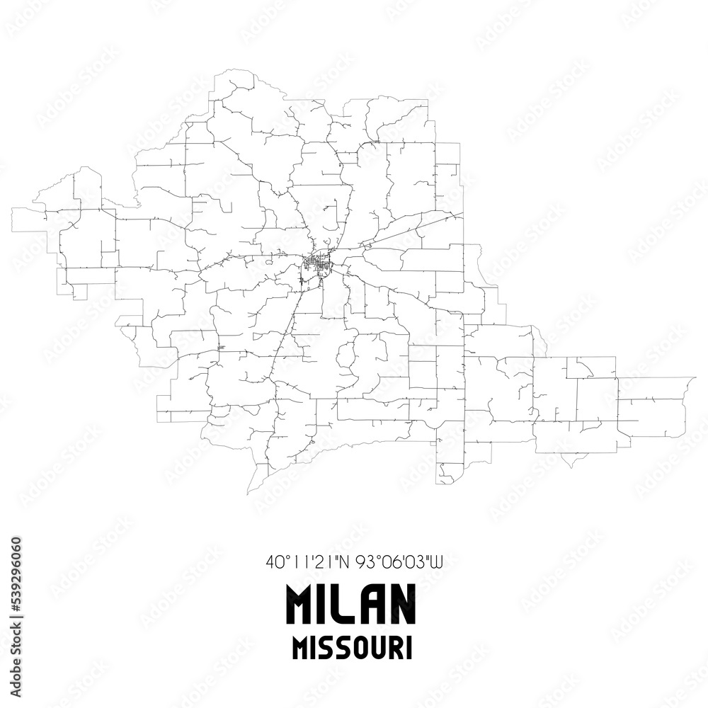 Milan Missouri. US street map with black and white lines.