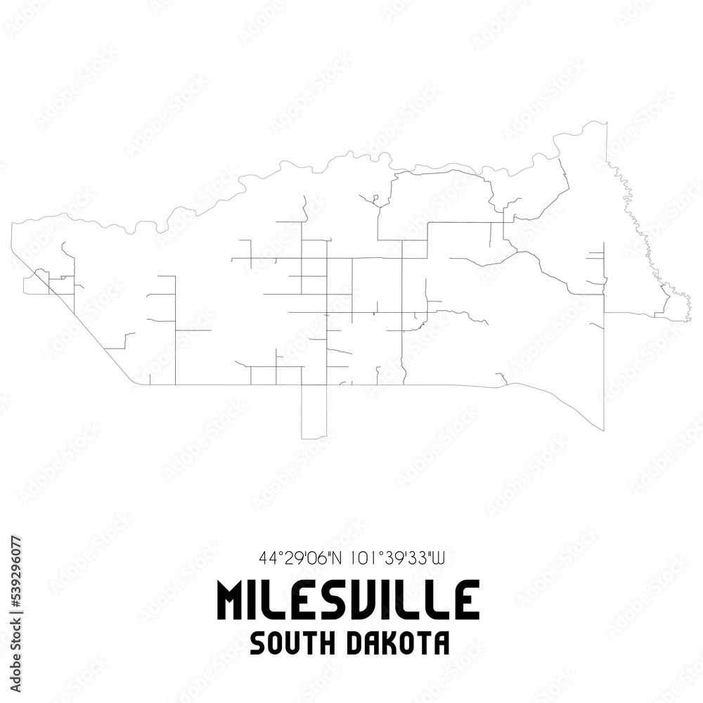 Milesville South Dakota. US street map with black and white lines.