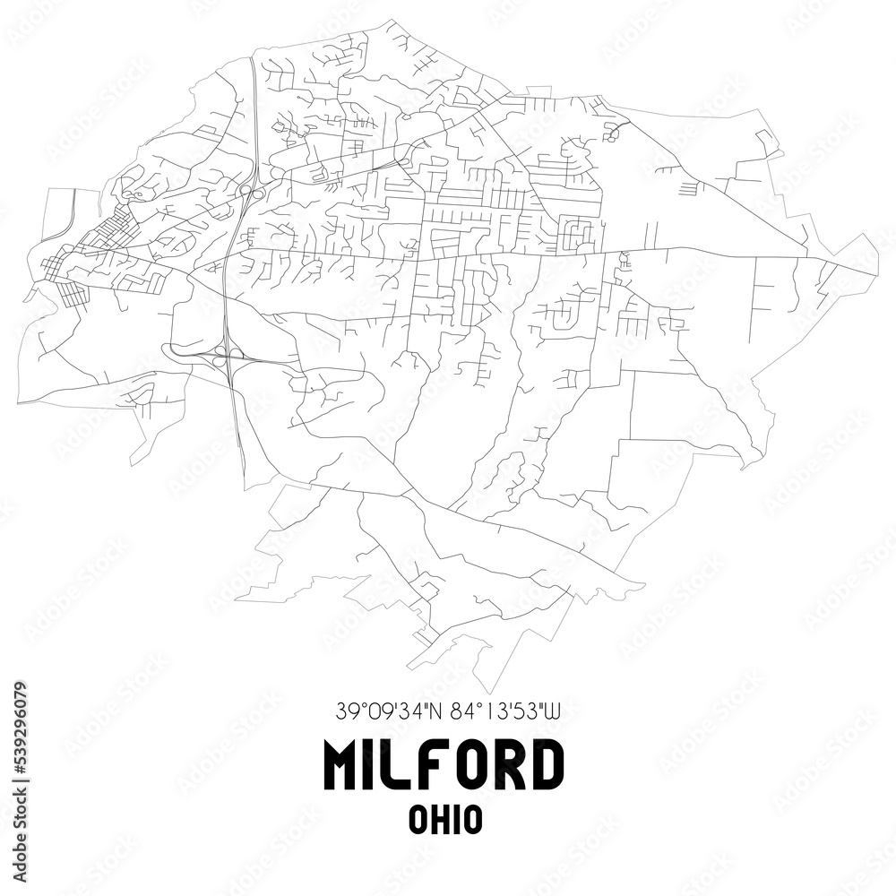 Milford Ohio. US street map with black and white lines.