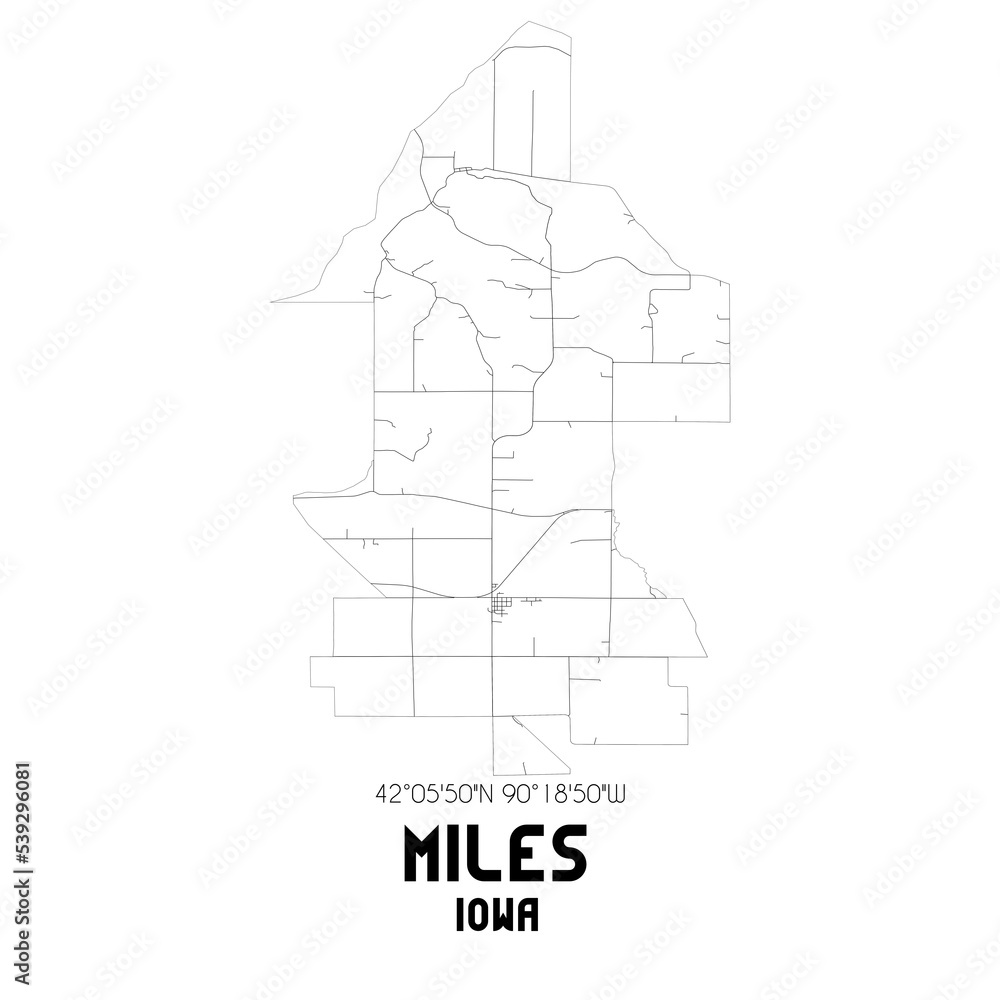 Miles Iowa. US street map with black and white lines.