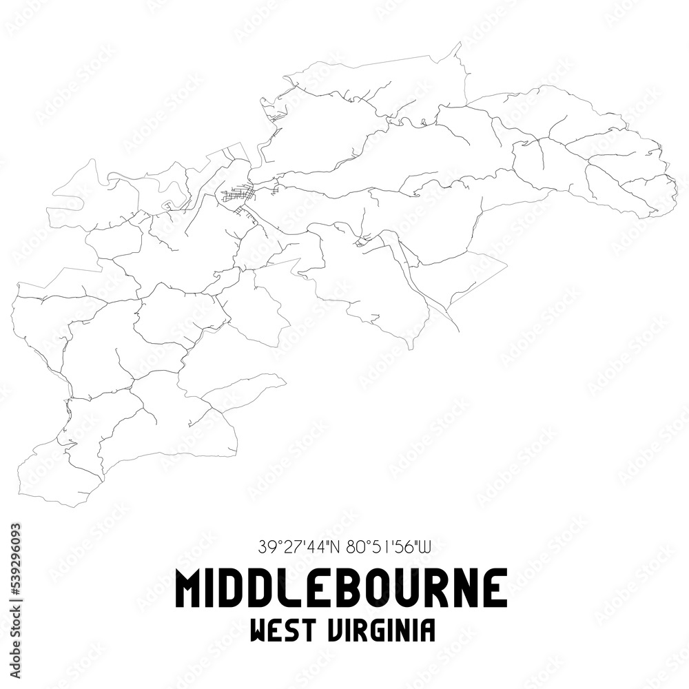 Middlebourne West Virginia. US street map with black and white lines.