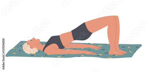 Glute Bridge. Woman performs exercises at home lying on the floor, raising her buttocks leaning on the top of her back and foot
