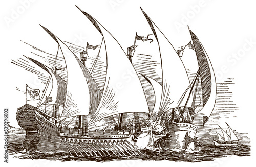 Antique Venetian galley ramming enemy ship photo