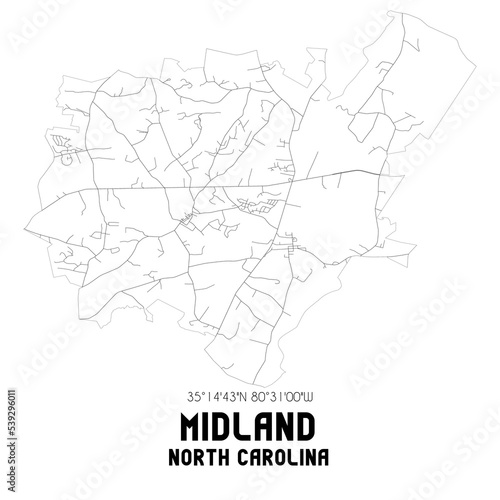 Midland North Carolina. US street map with black and white lines.