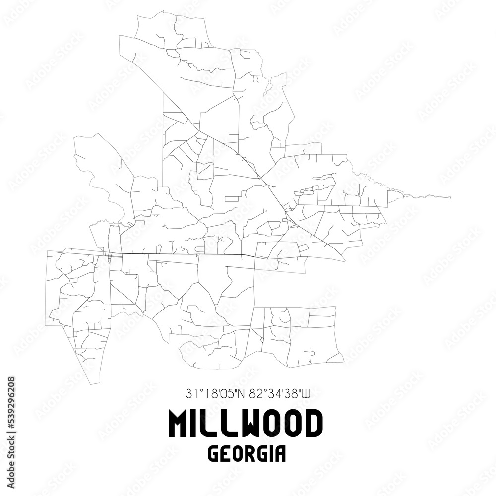 Millwood Georgia. US street map with black and white lines.