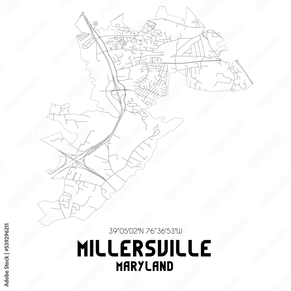 Millersville Maryland. US street map with black and white lines.