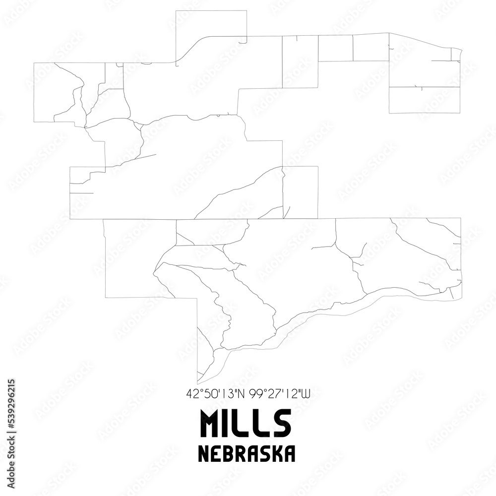 Mills Nebraska. US street map with black and white lines.