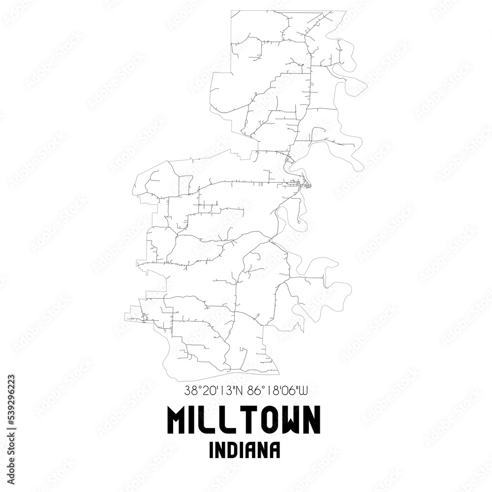 Milltown Indiana. US street map with black and white lines.