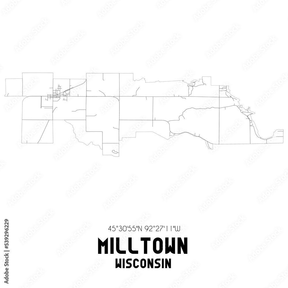 Milltown Wisconsin. US street map with black and white lines.