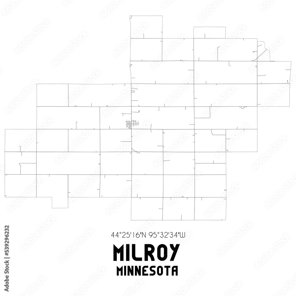 Milroy Minnesota. US street map with black and white lines.