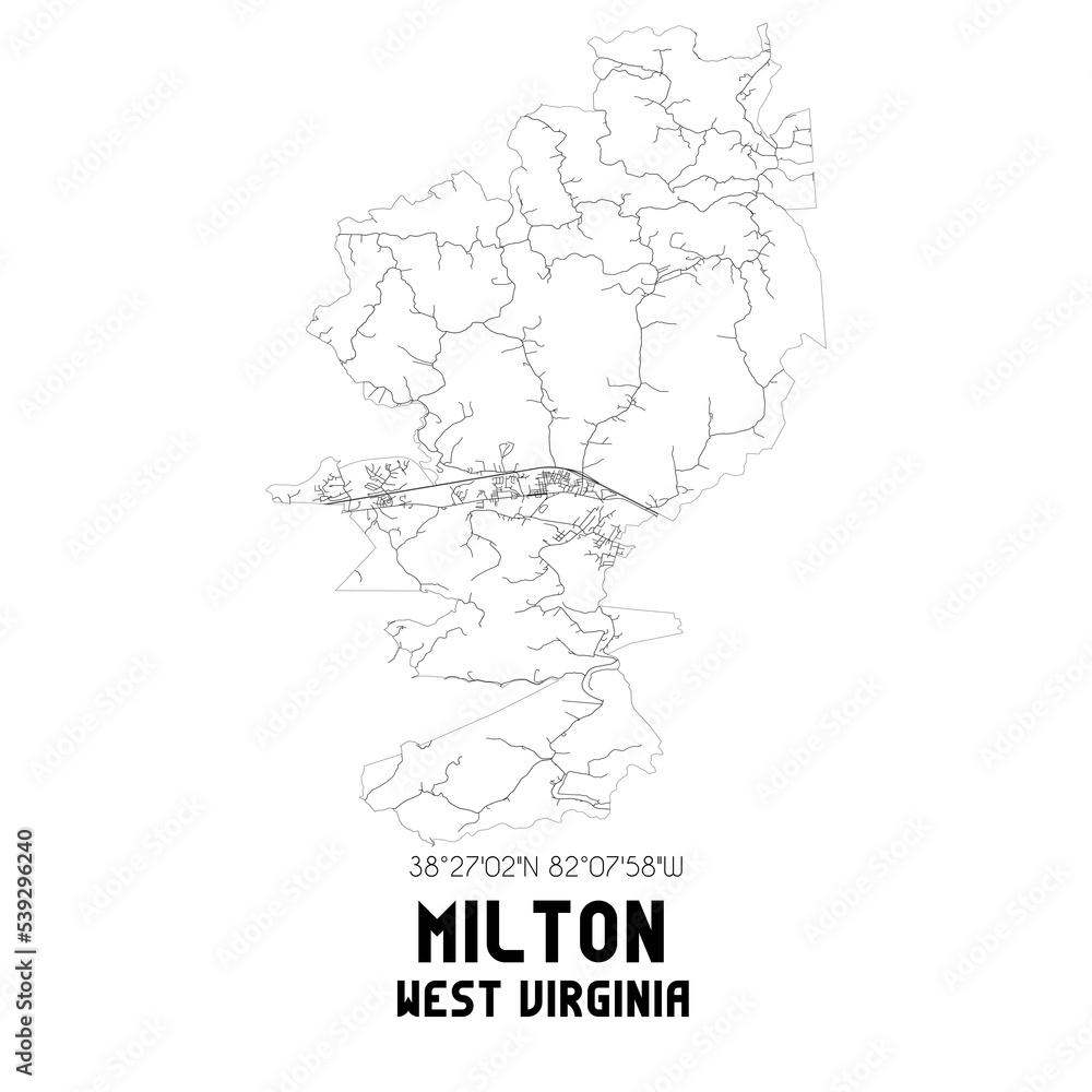 Milton West Virginia. US street map with black and white lines.