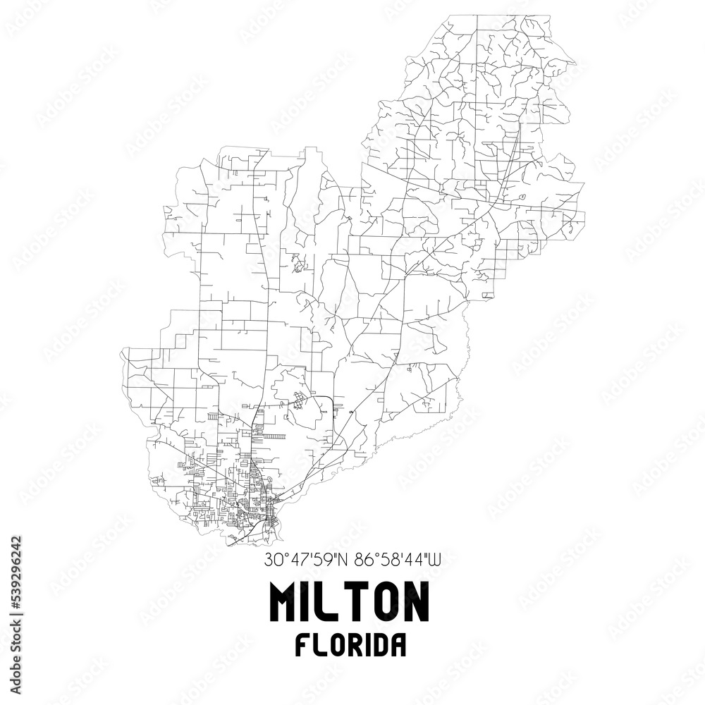 Milton Florida. US street map with black and white lines.