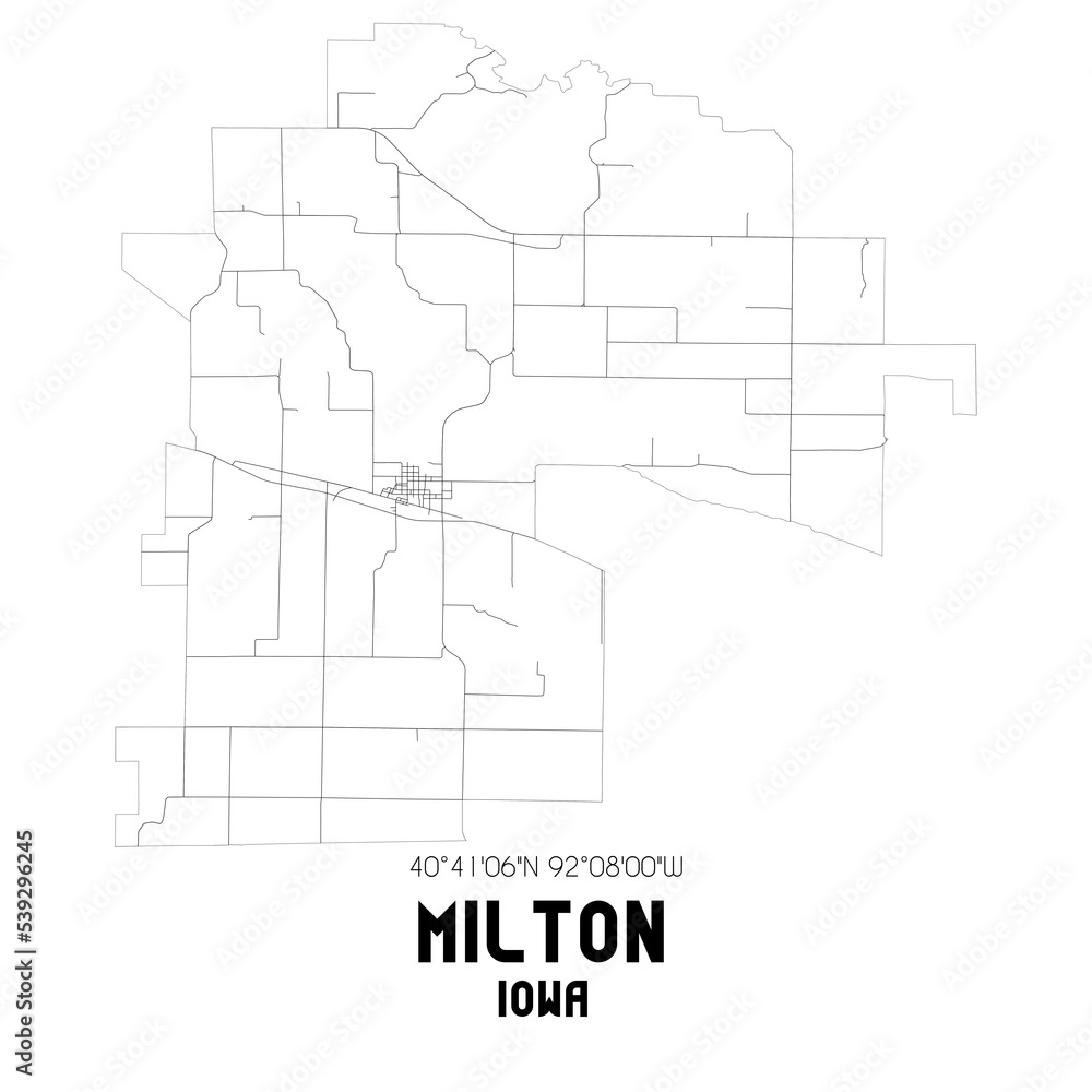 Milton Iowa. US street map with black and white lines.