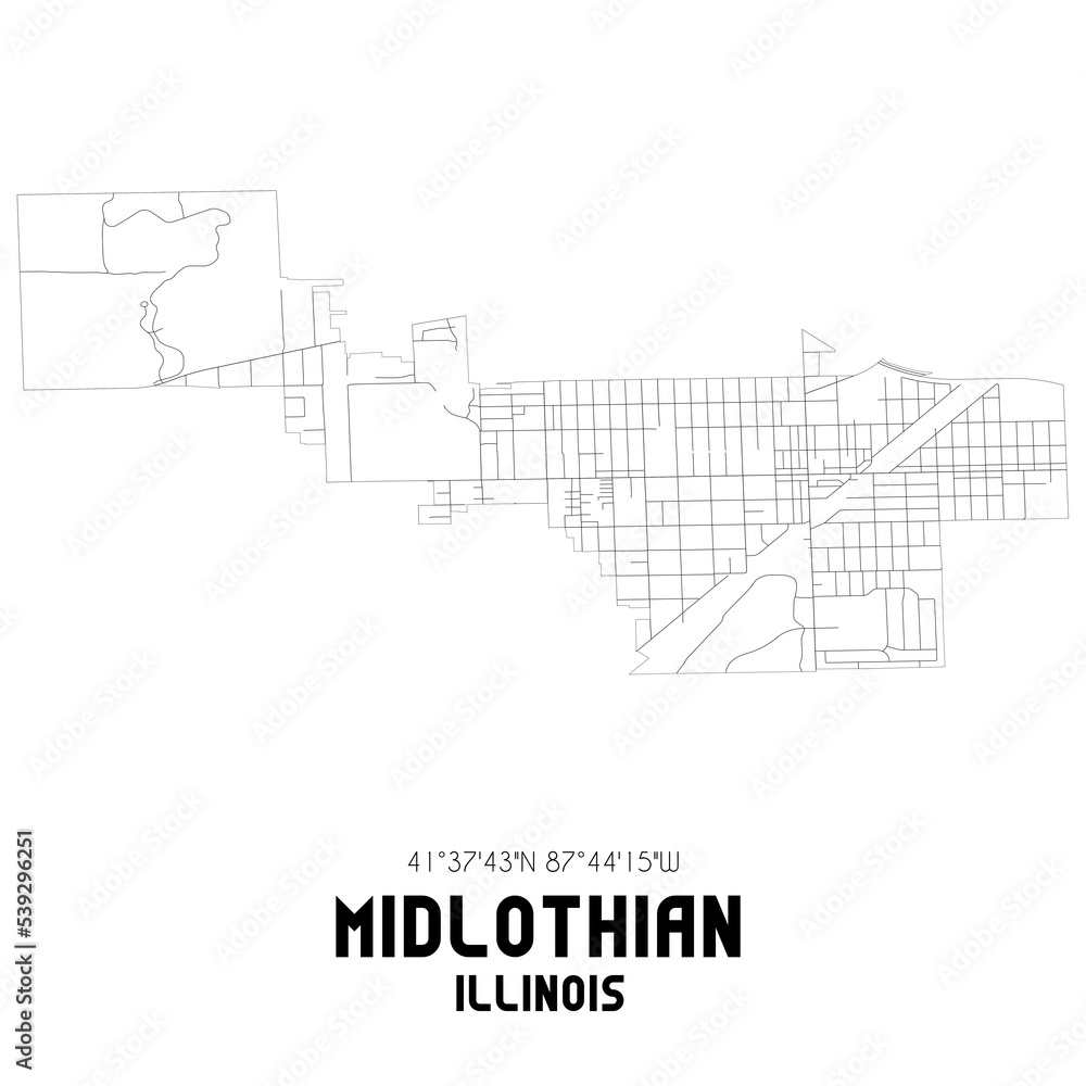 Midlothian Illinois. US street map with black and white lines.