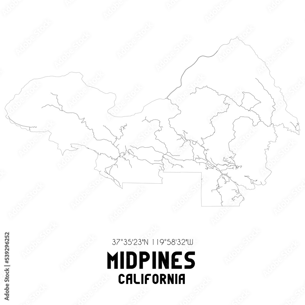 Midpines California. US street map with black and white lines.