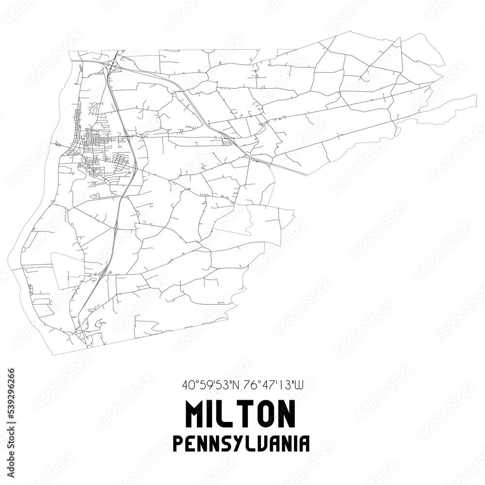 Milton Pennsylvania. US street map with black and white lines.