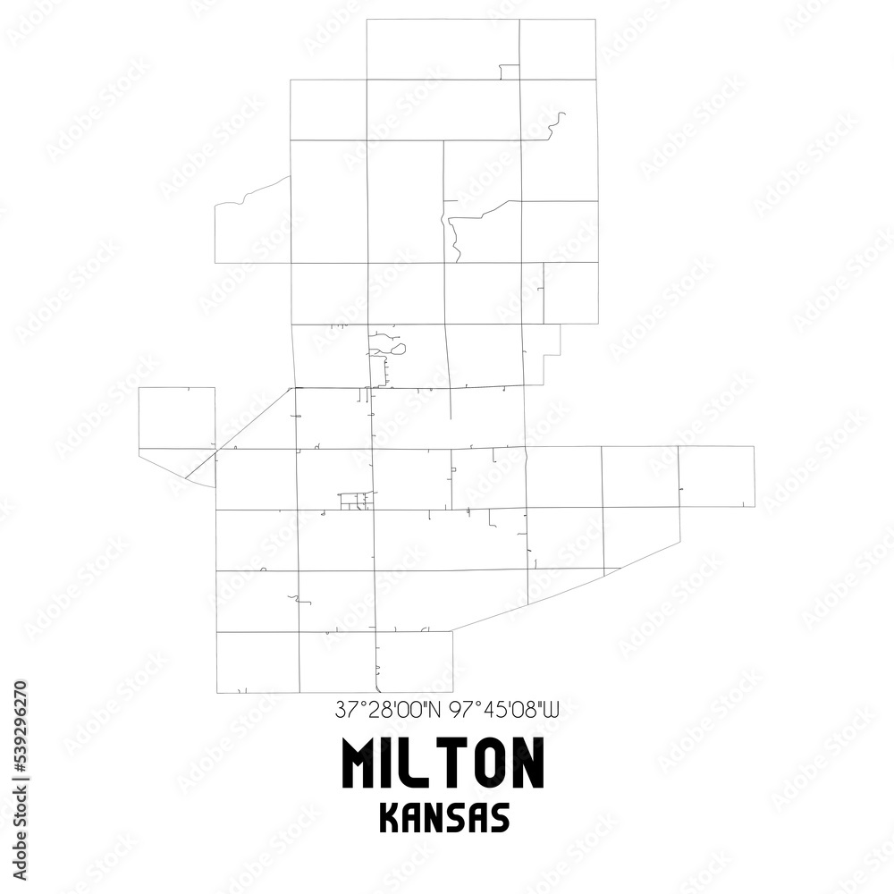 Milton Kansas. US street map with black and white lines.