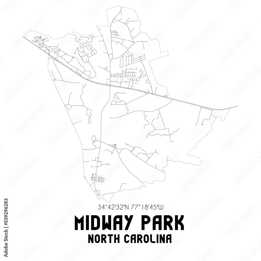Midway Park North Carolina. US street map with black and white lines.