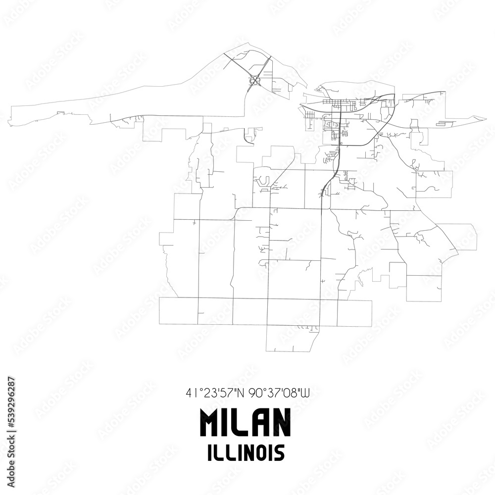 Milan Illinois. US street map with black and white lines.