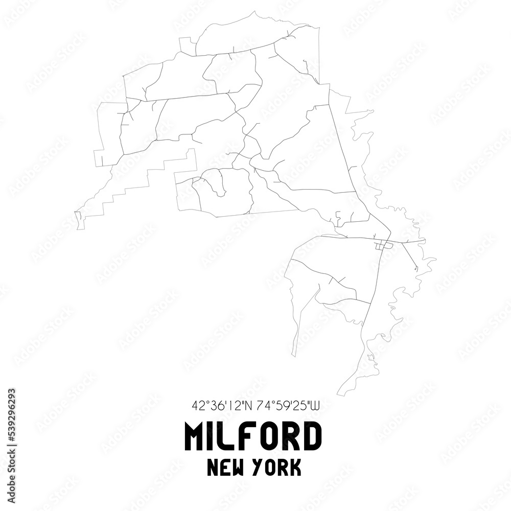 Milford New York. US street map with black and white lines.