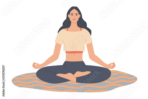 Woman sitting in yoga pose at home. Girl doing meditation in living room