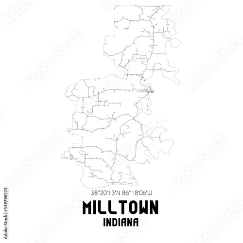 Milltown Indiana. US street map with black and white lines. photo