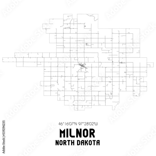 Milnor North Dakota. US street map with black and white lines.