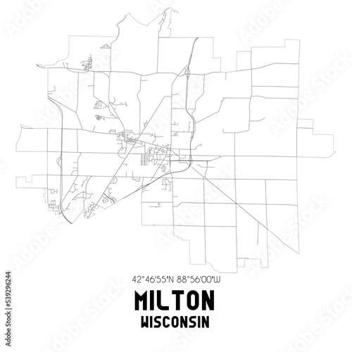Milton Wisconsin. US street map with black and white lines.