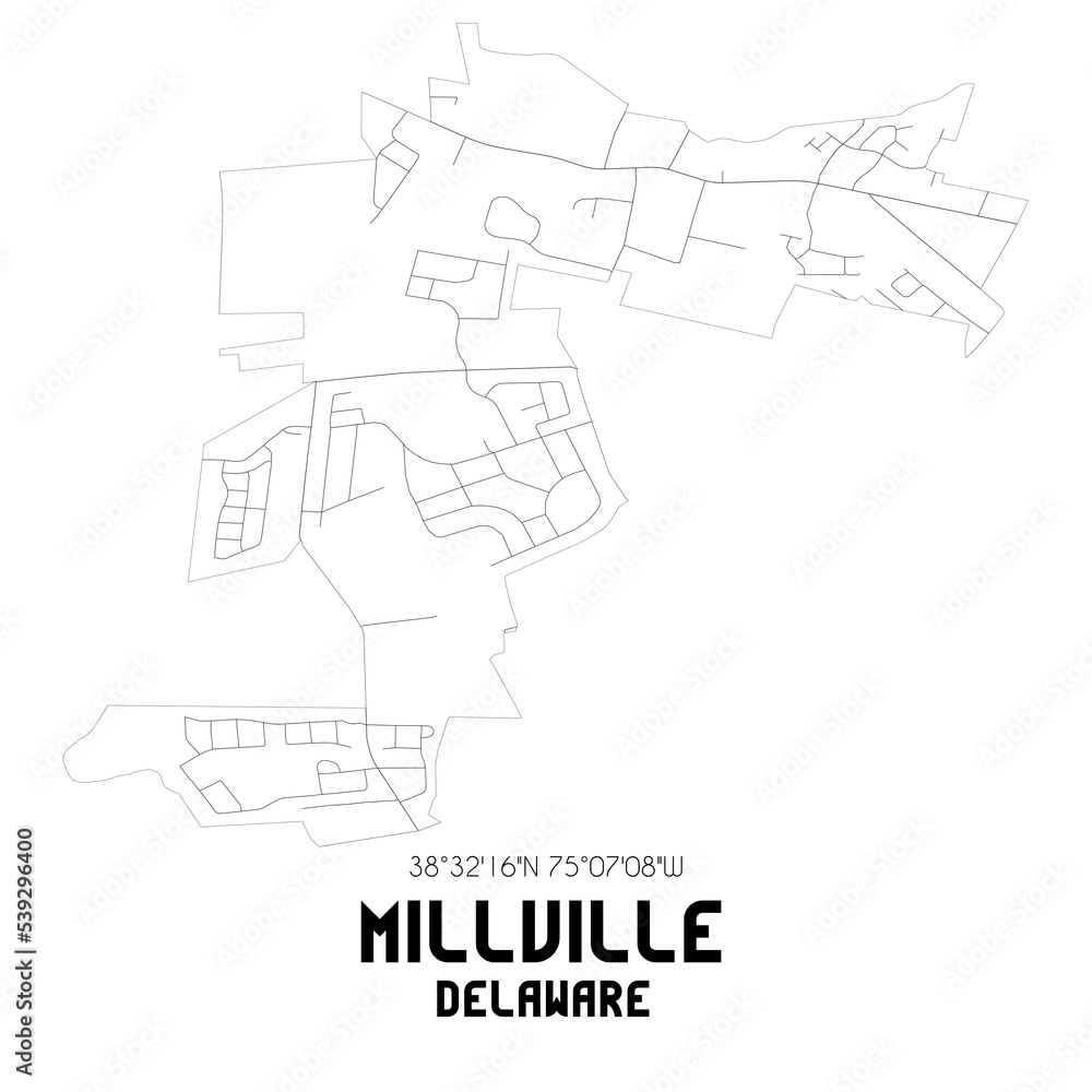 Millville Delaware. US street map with black and white lines.