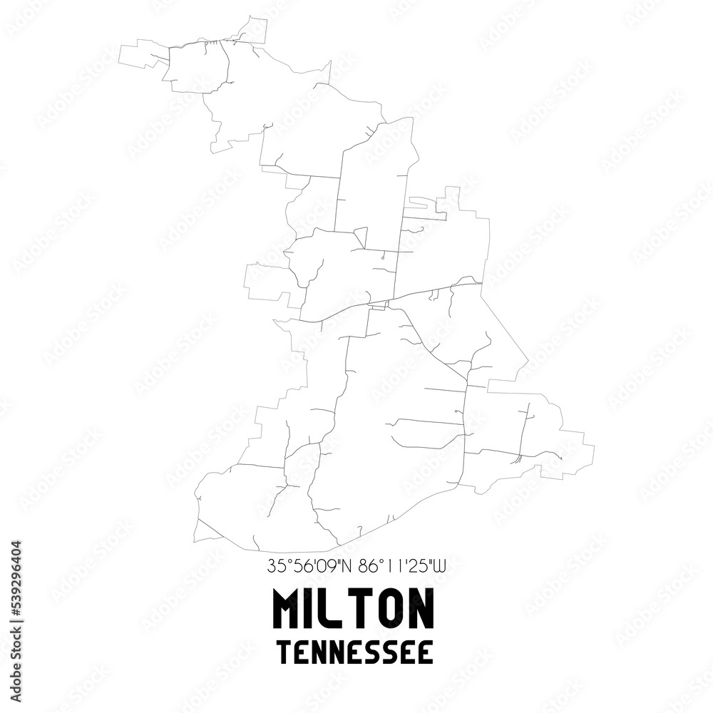 Milton Tennessee. US street map with black and white lines.