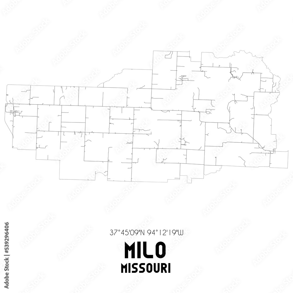 Milo Missouri. US street map with black and white lines.
