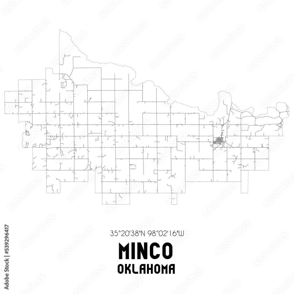 Minco Oklahoma. US street map with black and white lines.