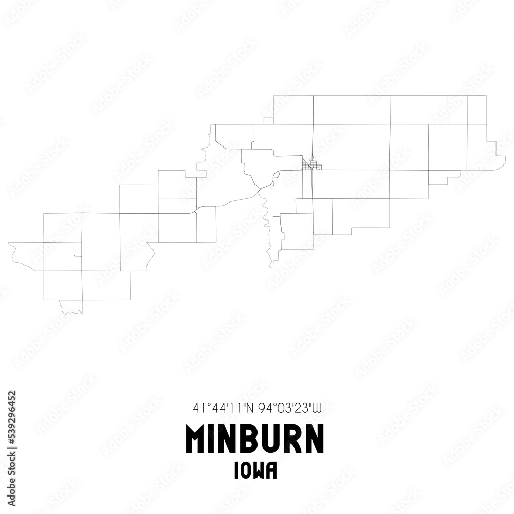 Minburn Iowa. US street map with black and white lines.