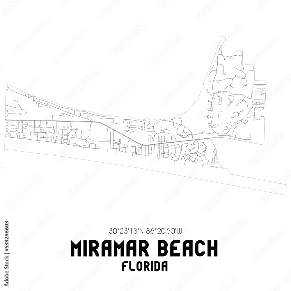 Miramar Beach Florida. US street map with black and white lines.