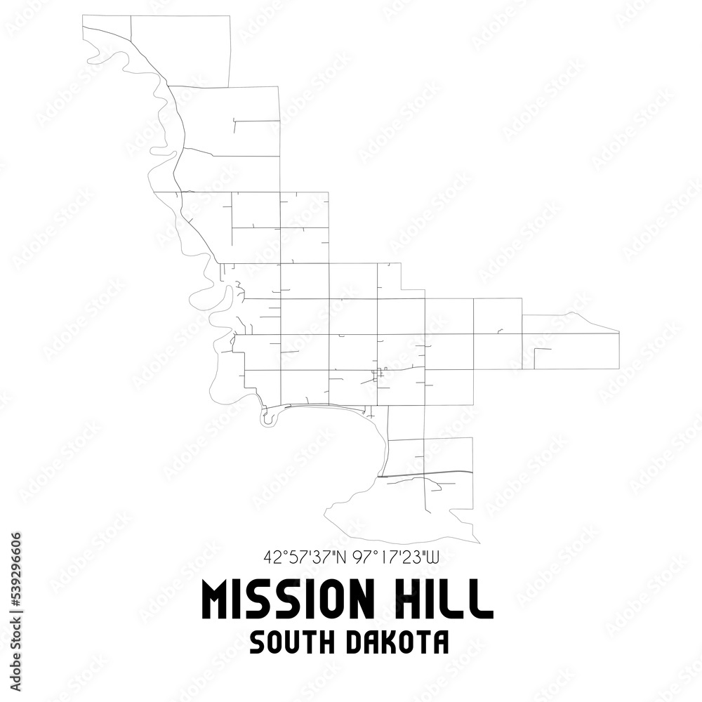 Mission Hill South Dakota. US street map with black and white lines.
