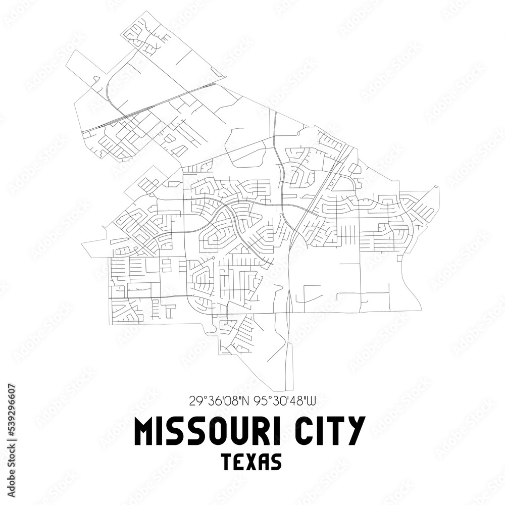 Missouri City Texas. US street map with black and white lines.