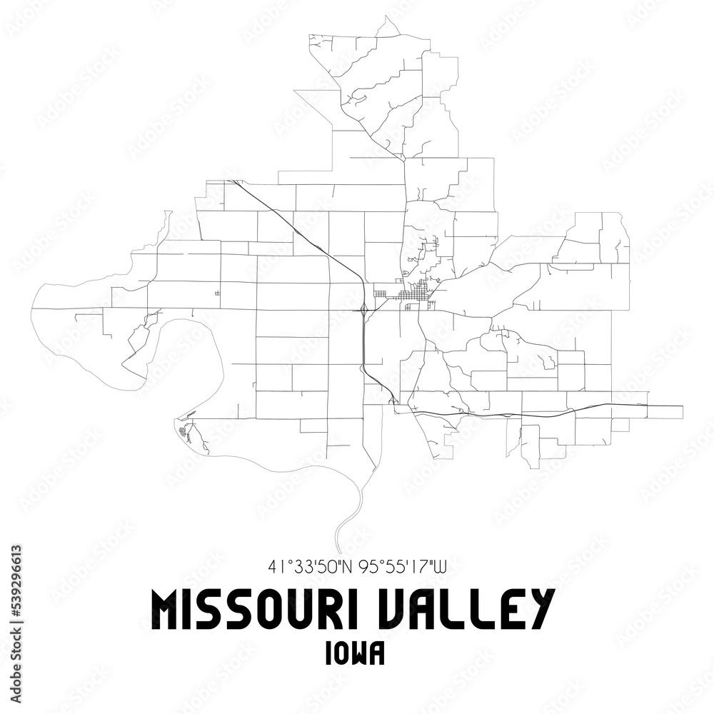 Missouri Valley Iowa. US street map with black and white lines.