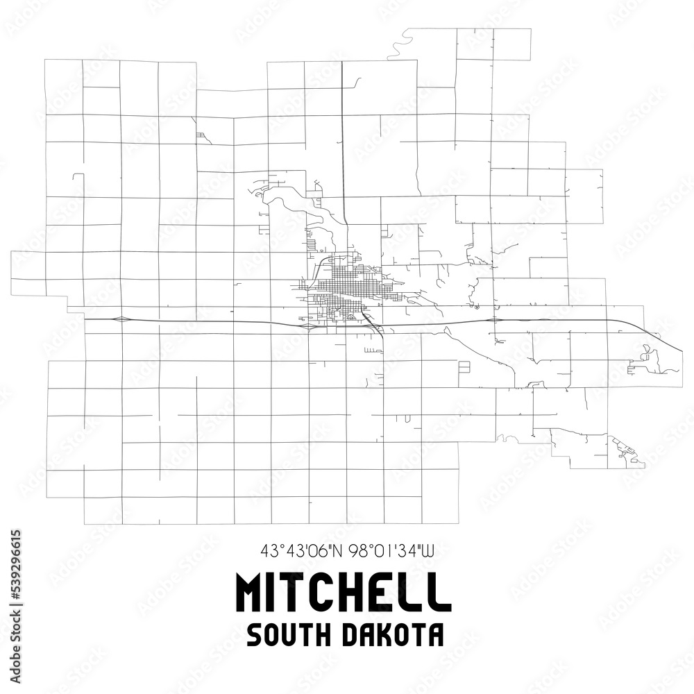 Mitchell South Dakota. US street map with black and white lines. Stock