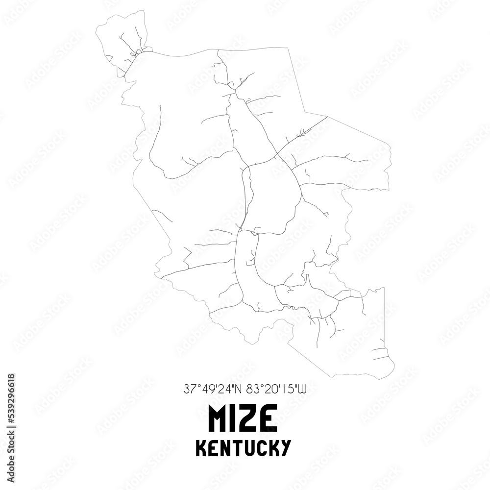 Mize Kentucky. US street map with black and white lines.