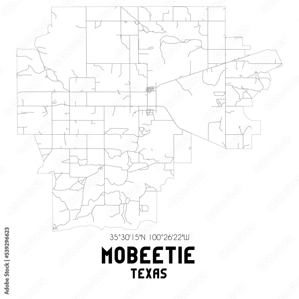 Mobeetie Texas. US street map with black and white lines.