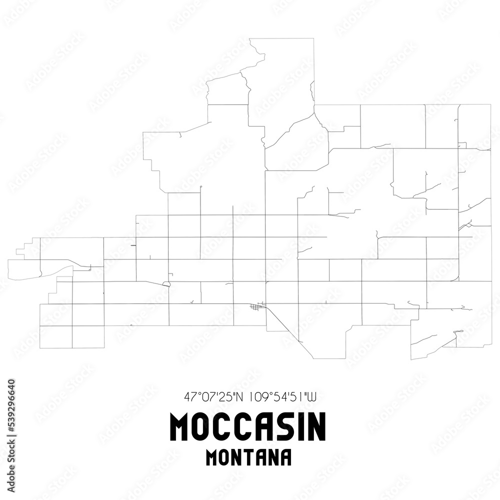 Moccasin Montana. US street map with black and white lines.